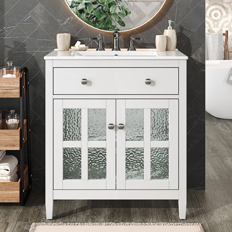 Meuble-lavabo de salle de bain avec lavabo en céramique, tablette réglable et plateau basculant, Blanc