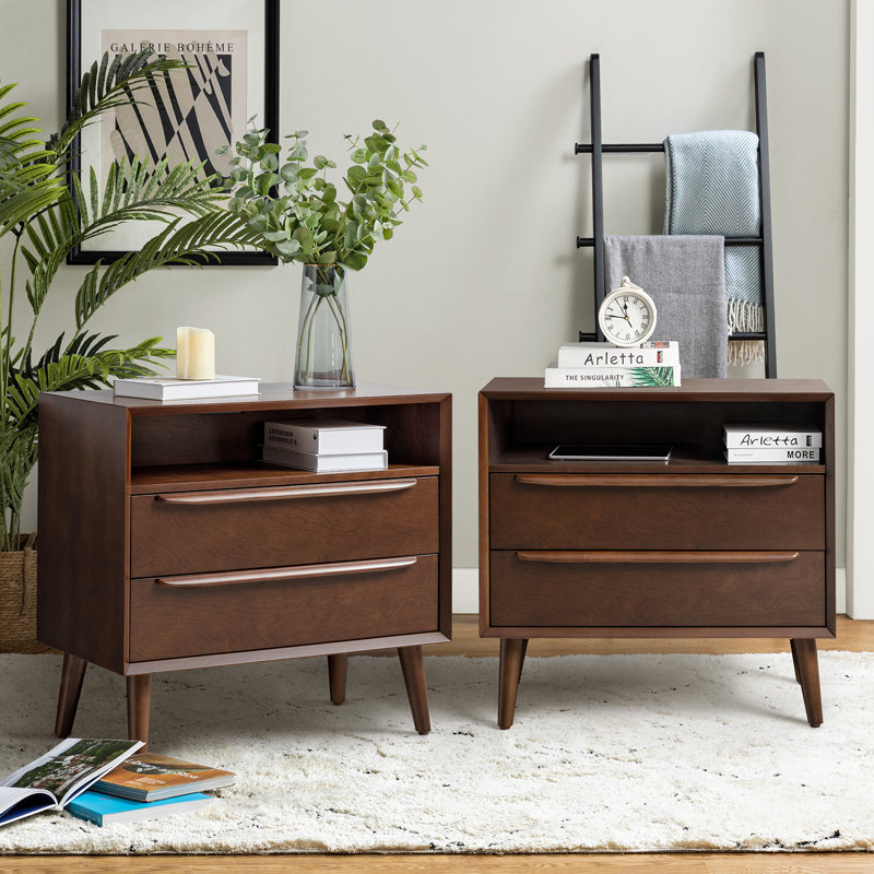 Aviannah Mid-Century Modern 2 - Drawer Nightstand With Built-In Charging Station And Legs And Open Shelf Set Of 2, Walnut