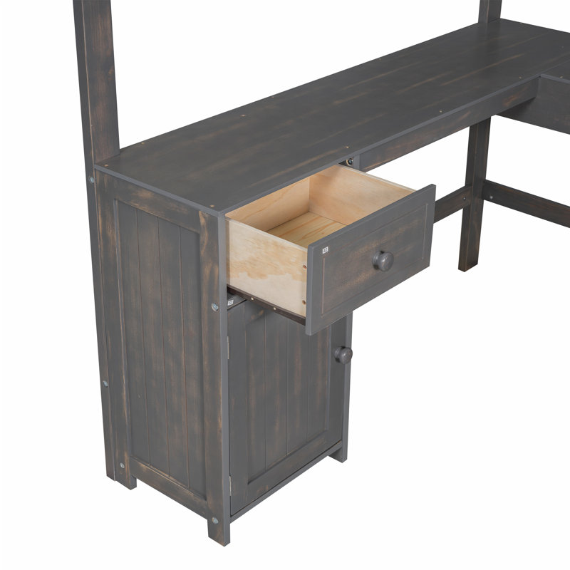 Lit mezzanine double avec bureau en U, Brun antique
