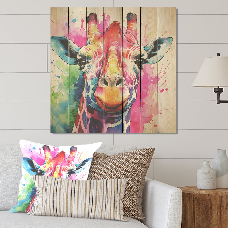 Coloré girafe majestueuse colorée - girafe sur bois, H 30 po x l 30 po