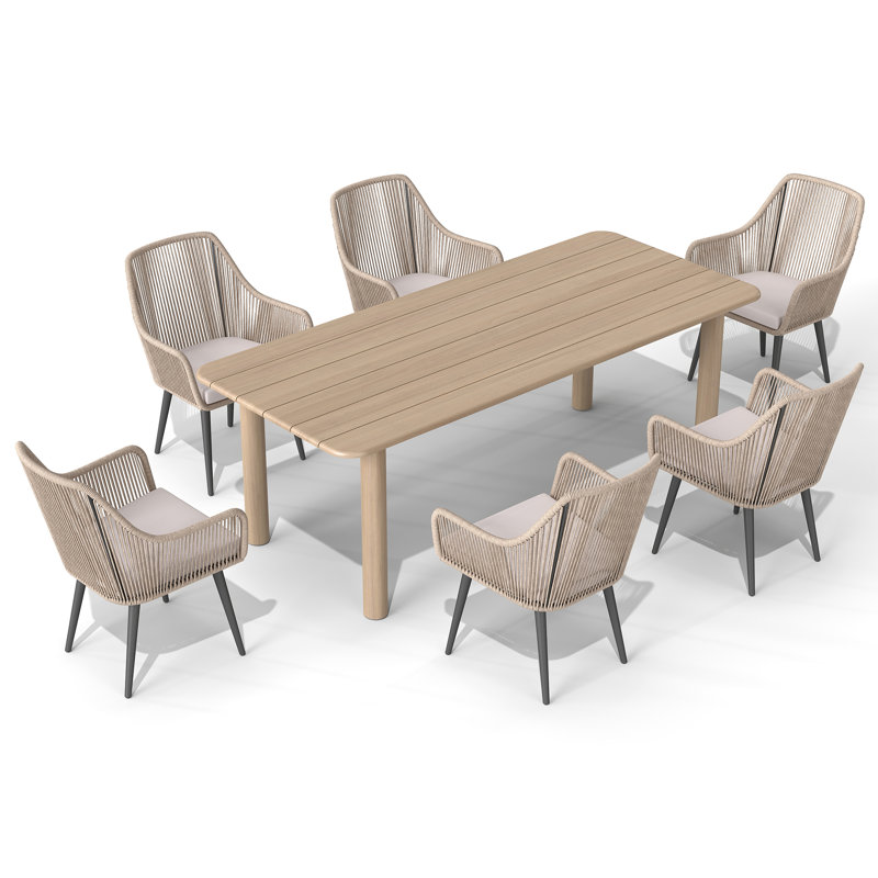 Ensemble repas d'extérieur 7 pièces avec table en bois massif et 6 fauteuils en osier