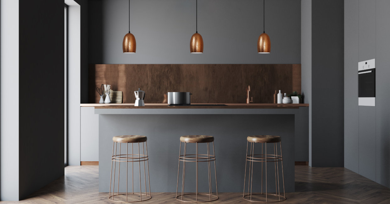 3 egg-shaped Ume 1-light pendants with mouth-blown glass shades hand-decorated with copper leaves