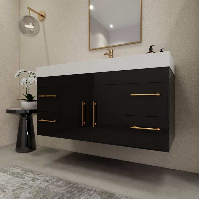 Ensemble de meuble-lavabo simple mural 47,2 "avec tiroirs et portes, Noir brillant