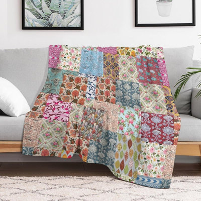 Patchwork Throw Blanket,Farmhouse Vintage Bohemian Floral Stitching Patch Pattern Soft Cozy Warm Flannel Blankets for Sofa Couch Bed Gifts for Lover Women Adults 60x80 Inch