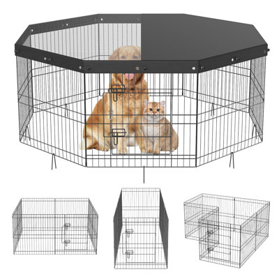 Pet Fence With 8 Connecting Panels, Waterproof Top Cover, And Carabiner Clip For Small Medium Pets' Exercise Space Metal Camping