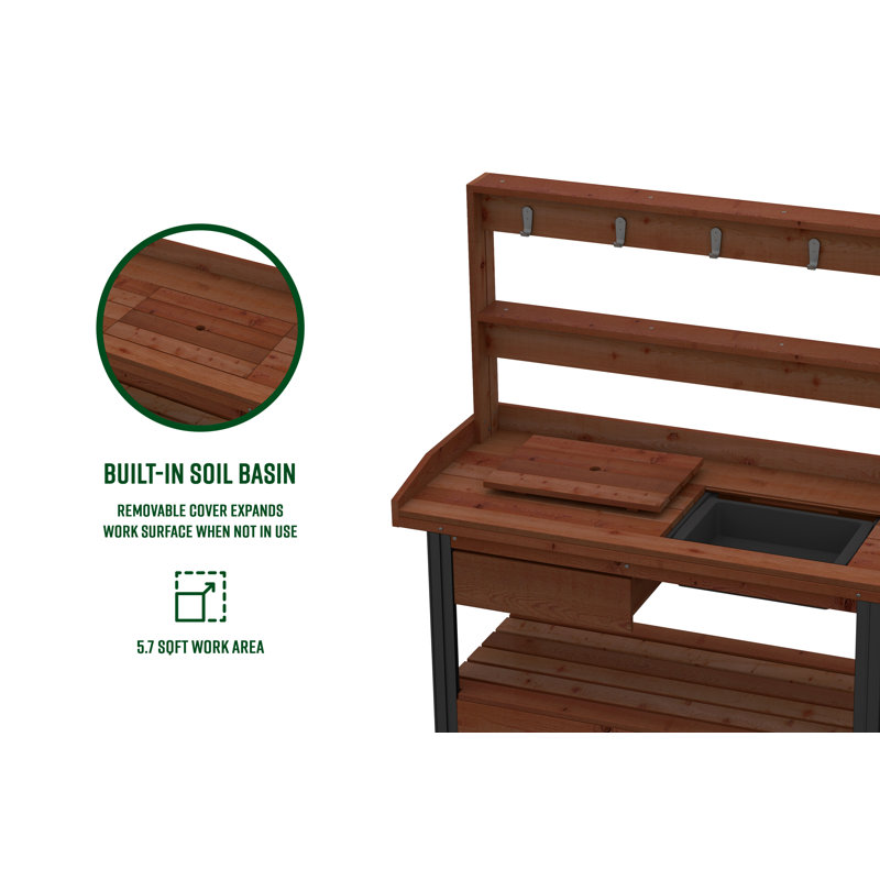 Vita 46" Dark Brown Cedar Potting Bench with Hooks