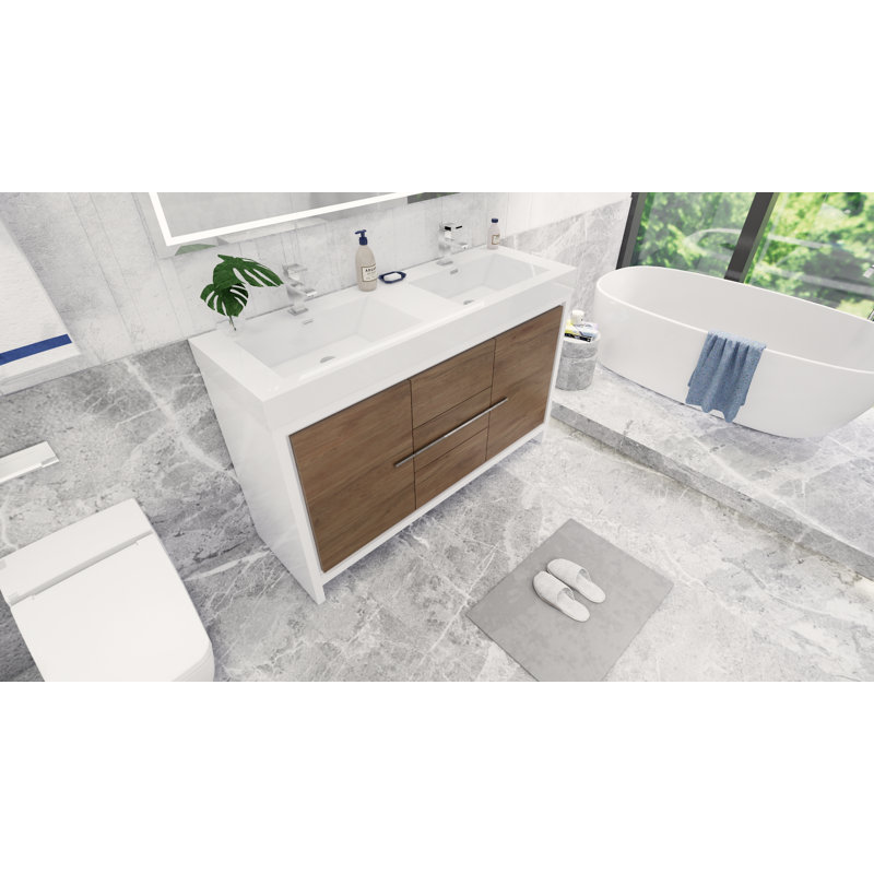 Ensemble de meuble-lavabo double 60 po Nubell, Blanc lustré, Chrome