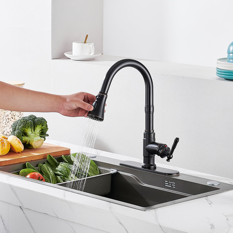 Forious® Ultra Pull Down Single Handle Kitchen Faucet with Deck Plate, Oil Rubbed Bronze