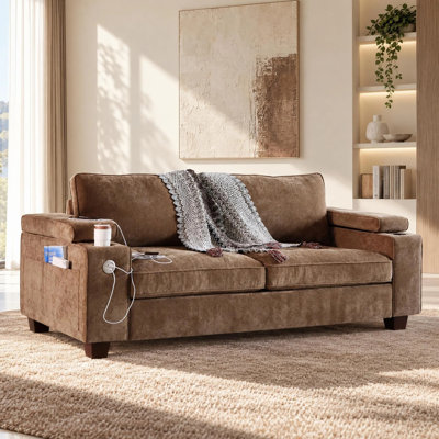 Aastha 73" Corduroy Modern Sofa Couch with Adjustable Storage Armrests, Built-in USB/Type-C Ports & Cup Holders for Living Room Furniture
