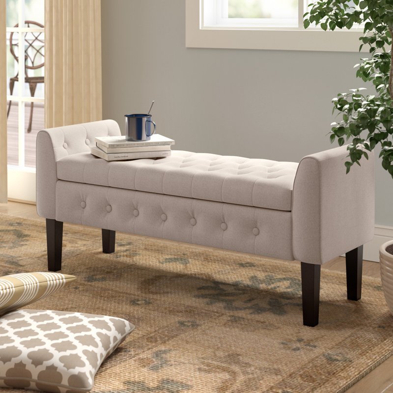 Banc de rangement en tissu Anvee avec pieds en bois d'hévéa, Beige