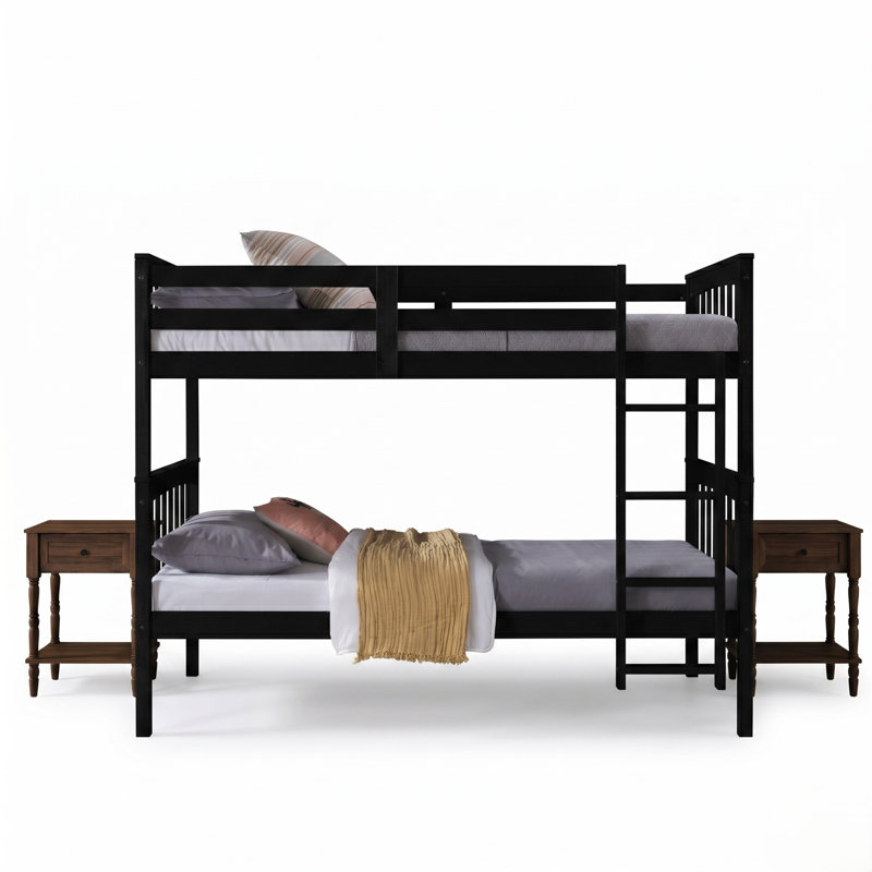 Lit superposé simple au-dessus de simple en bois massif avec table de chevet 3 pièces Aon Ames, Black, Brun