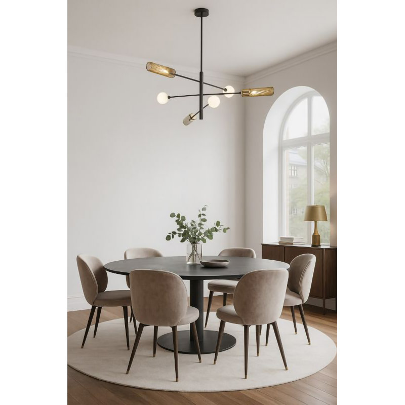 Lustre 6 lumières en métal noir et or avec abat-jour en verre blanc