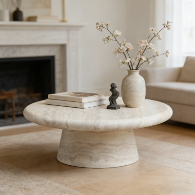 Scandinavian-Inspired Cream Marble Pedestal Coffee Table: A Minimalist, Textured Centerpiece For Cozy Living Rooms, Ideal For Hosting, Relaxing With Reads, Or Displaying Curated Decor In Modern, Light-Filled Spaces