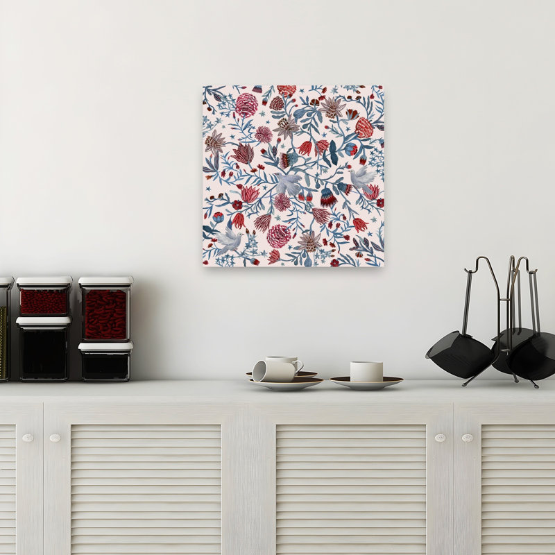 Doves And Folk Flowers Delicate Elegant Peaceful Bird Nature Flower Wall Art Print by Paulina Varregn - Wrapped Canvas Print