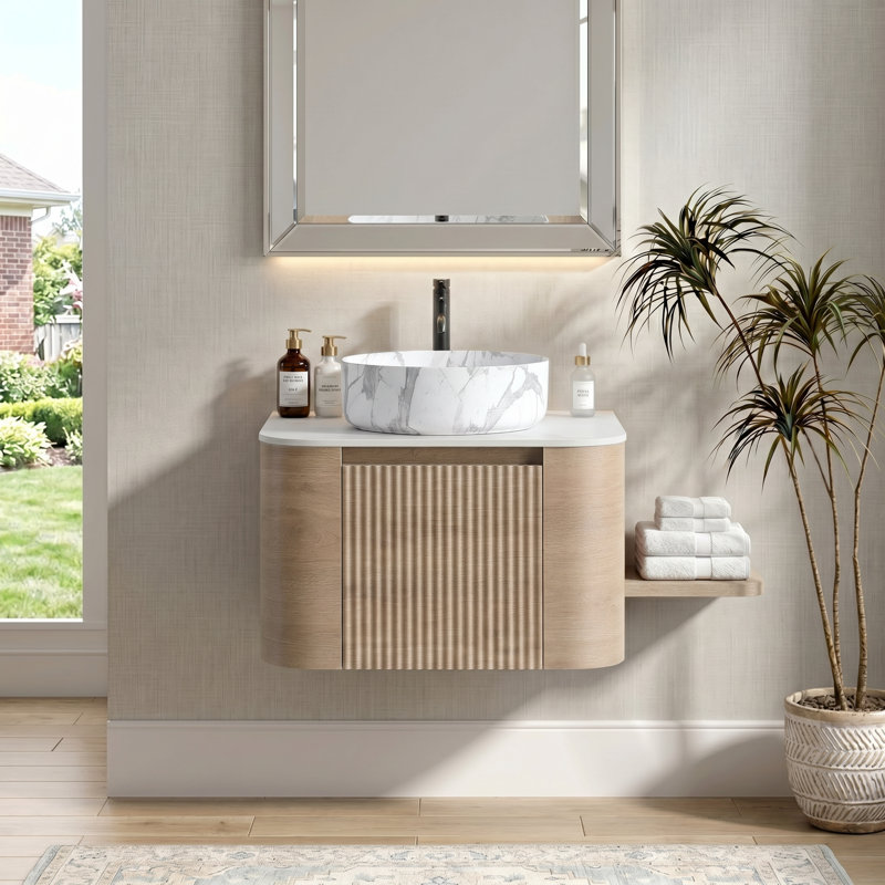 Meuble-lavabo mural moderne 24 po en chêne miel avec lavabo en céramique, armoire avec porte-serviettes (sans drain et robinet, pré-assemblé)