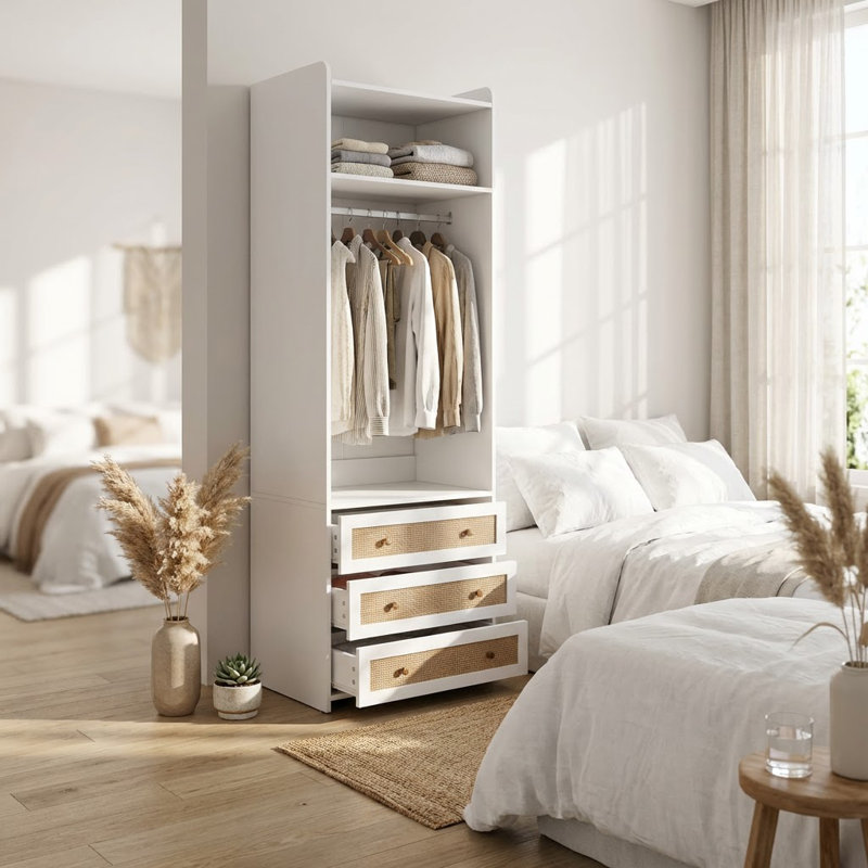 Modern Rattan-Accent Wardrobe with Three Drawers