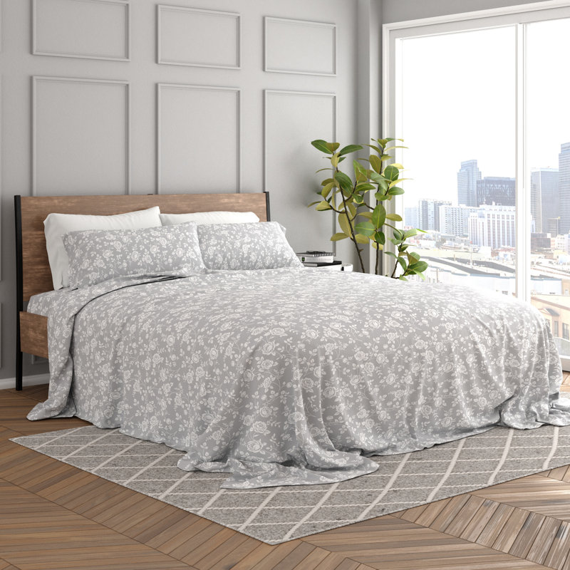 Twin Light Gray Rose Print Cotton Microfiber Sheet Set