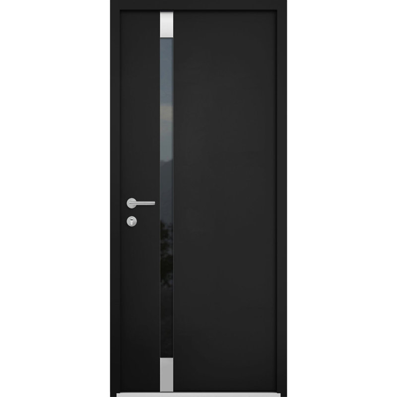 Front Exterior Prehung Steel Door / Cynex 6777 Black / Stainless Inserts Single Modern Painted-W36" x H80"-Left-hand Inswing