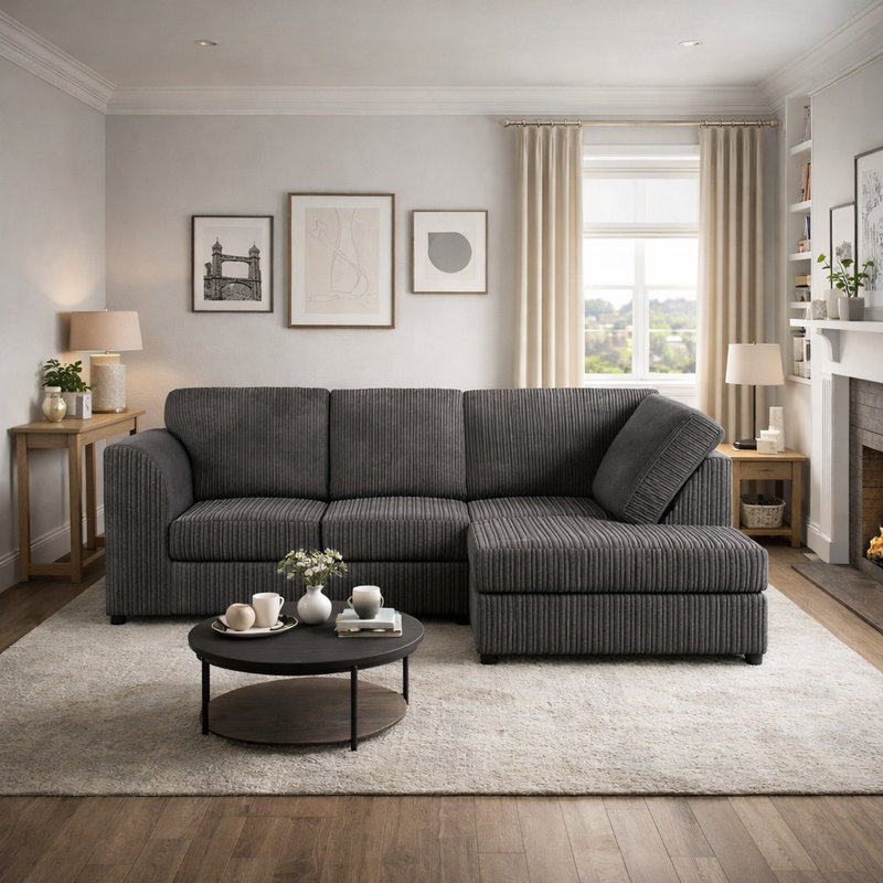 4 Seater Corduroy Corner Sofa , Black, Right Hand Facing