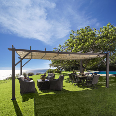 Modena Wood Grain Aluminum Pergola in Espresso with Mocha Canopy