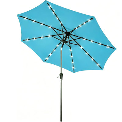 9 pi. Parasol solaire à DEL pour terrasse avec 32 lumières, parasol de marché extérieur avec manivelle et inclinaison à bouton-poussoir, abat-jour en fer à 8 nervures pour terrasse, jardin, piscine et cour arrière