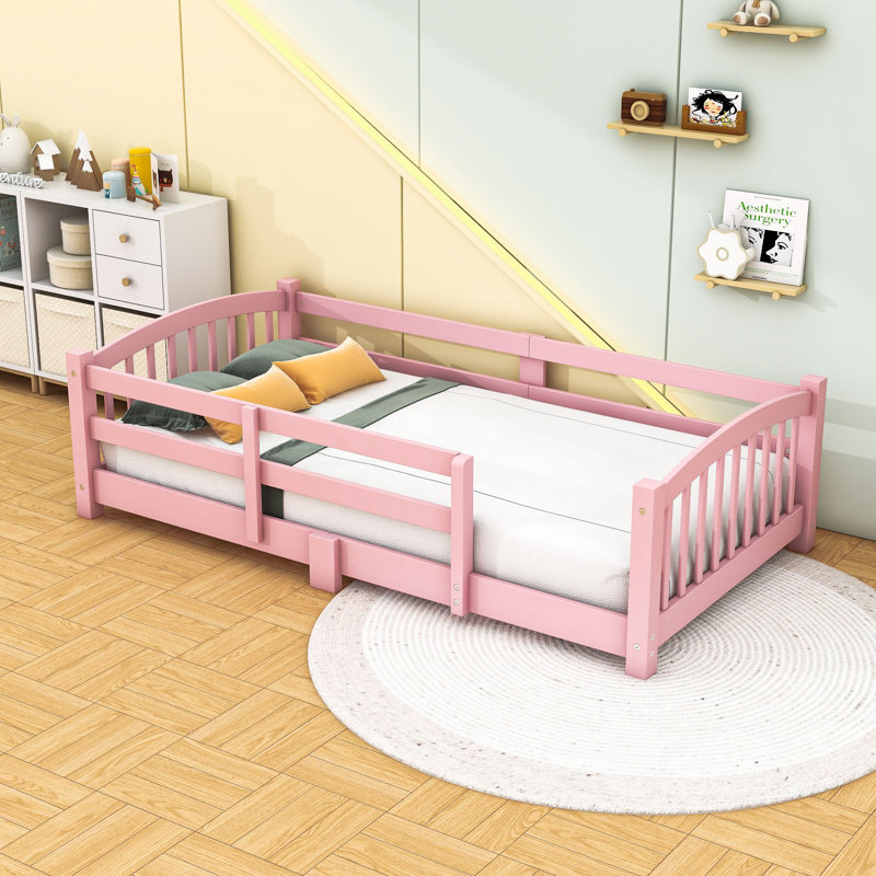 Wood Floor Bed with Safety Guardrails, Twin, Pink