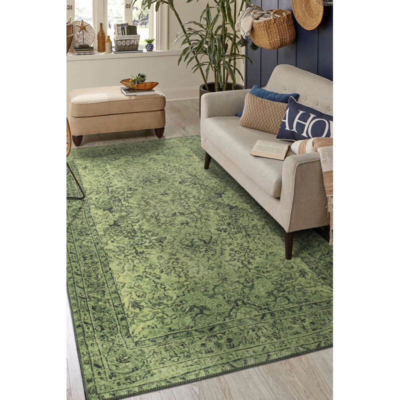 Tapis décoratif vert à motif tissé rétro, Carré 7 pi 7 po
