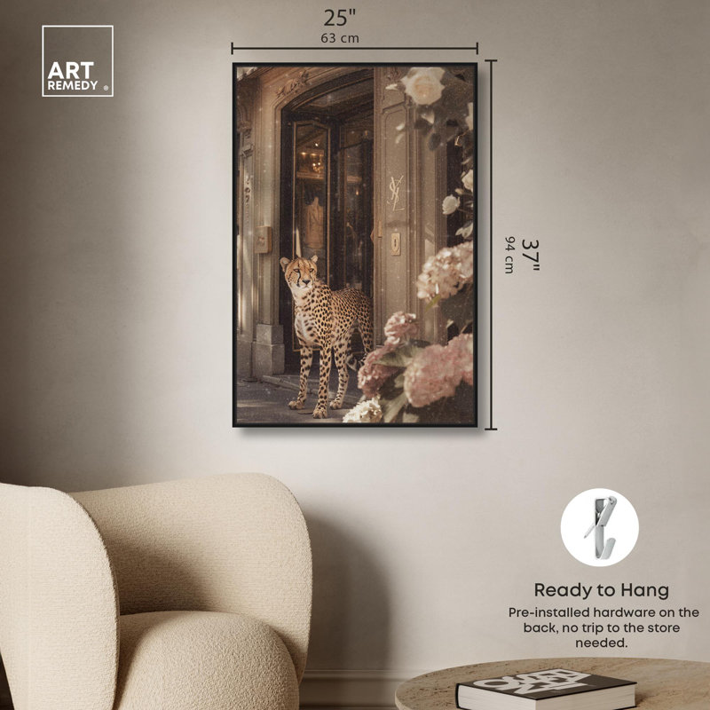 «Cheetah at the Store», designer de mode sur toile par Art Remedy, Cadre noir, H 55 po x l 37 po