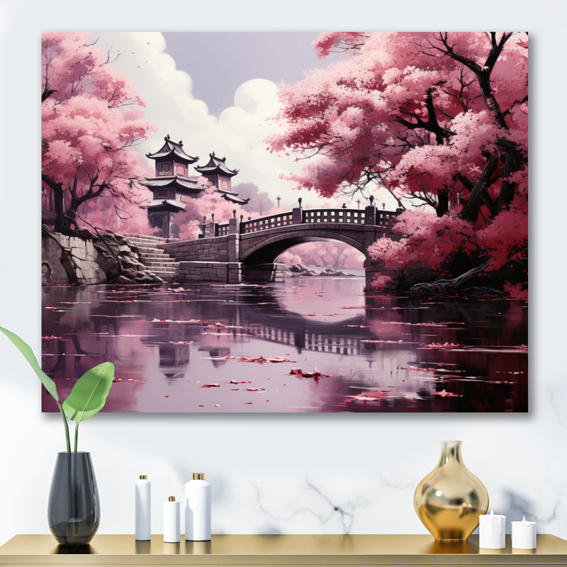 Art japonais, fleur de cerisier rose, pont, Japon, H 30 po x l 40 po x P 1,5 po, Toile tendue