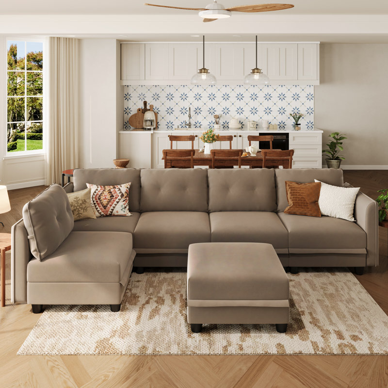 Canapé modulaire en L rembourré 6 pièces avec rangement Tomario, Polyester brun