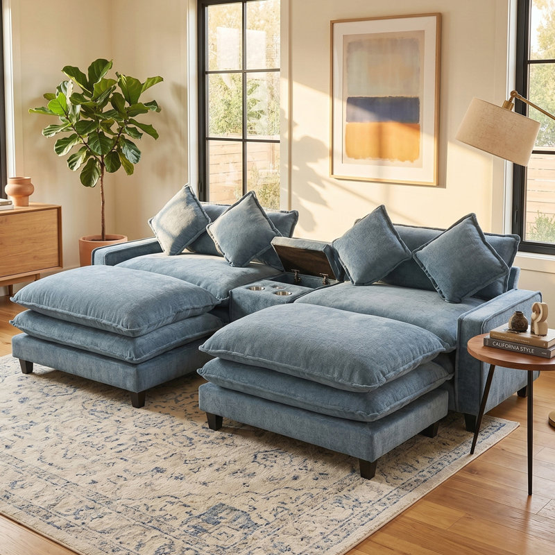 Canapé modulaire en chenille de 111 po avec deux repose-pieds amovibles et deux ports USB, Light Blue Chenille