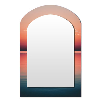 Minimalistic Sunset During The Full Moon IV - Boat Asymmetrical Large Mirror, Traditional Arch Decorative Wall Mirror, Printed Metal Art