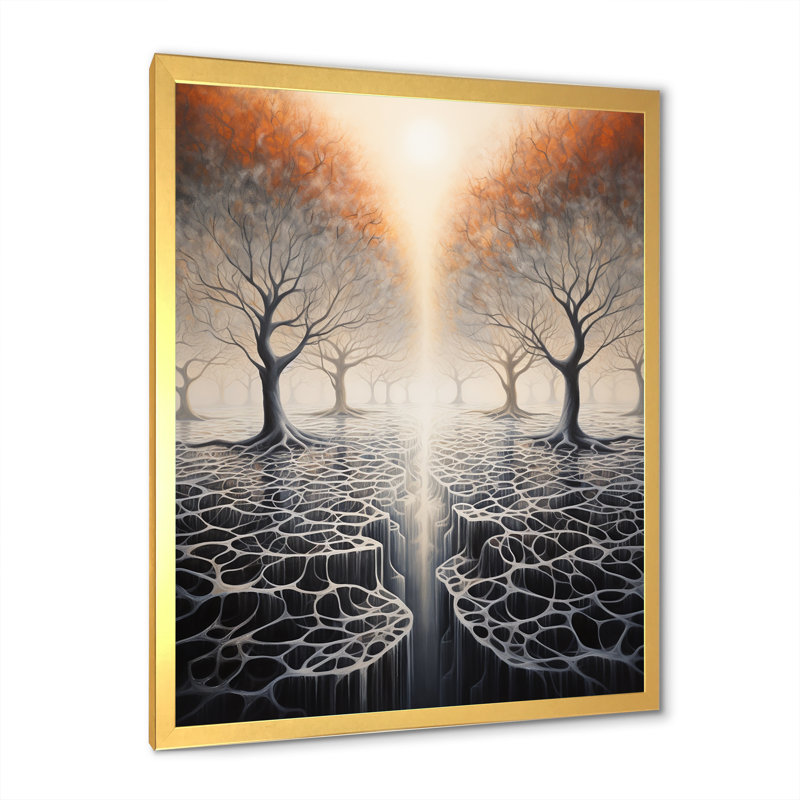 Surréalisme, arbre, racines célestes I sur toile, H 20 po x l 12 po x P 1 po, Encadrement doré