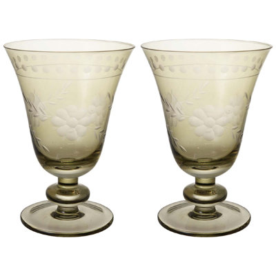 Etched Green Glass Stemmed Wine Goblet