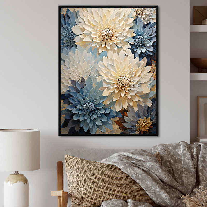 Minimalisme «Blooming Mums» en beige et bleu pâle III sur toile, Cadre flottant noir, H 44 po x l 34 po x P 1,5 po