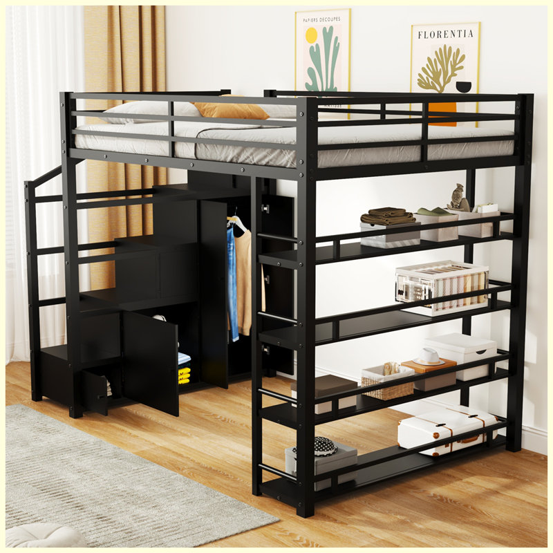 Lit mezzanine moderne en métal avec tablettes de rangement, armoires et garde-robe