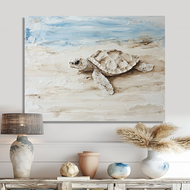 «Minimal Turtle By The Beach» - animaux, reproduction métallique, 16" H x 32" W
