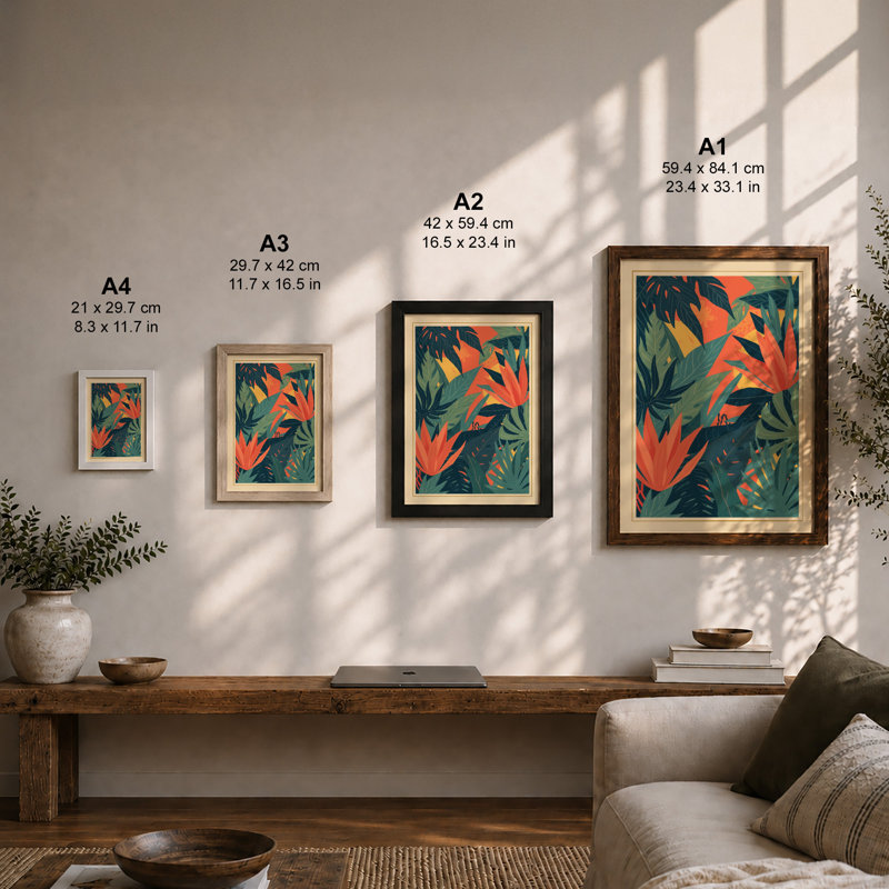 Coral Blossoms in Emerald Botanical - Framed Print, A3 - 42.0 x 29.7 cm, Walnut