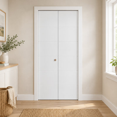 5-Line Flush Bi-Fold Closet Door, Hollow Core Primed White Interior Door with Track and Hardware