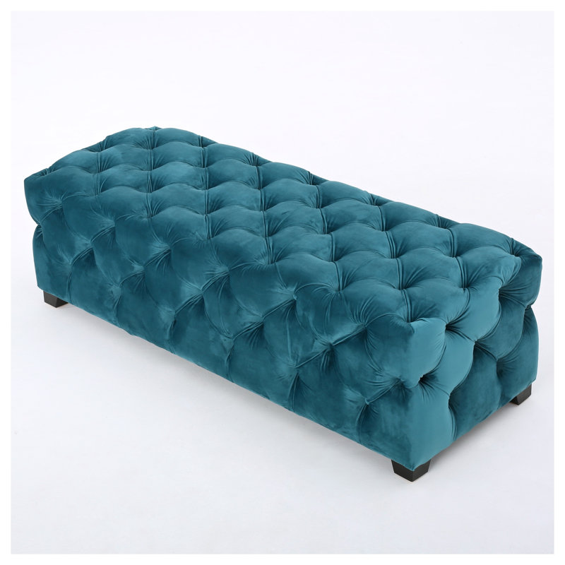 Luxueux banc de repose-pieds capitonné en velours bleu sarcelle Luxueux