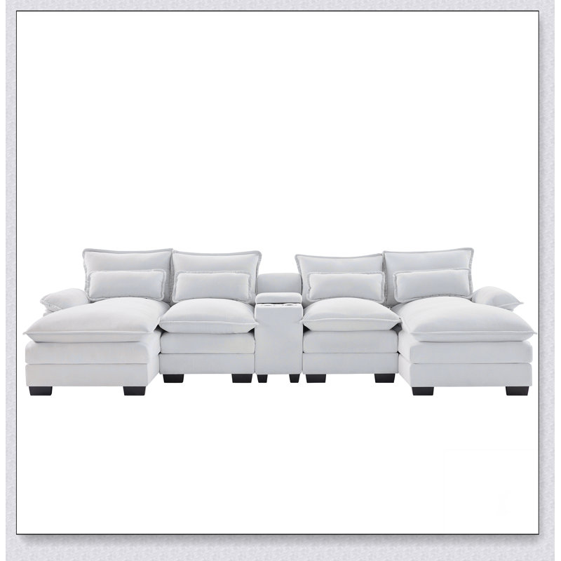 123*55" Modern U-Shaped Sofa With Console,Cupholders And USB Ports,6-Seat Upholstered Symmetrical, White Chenille