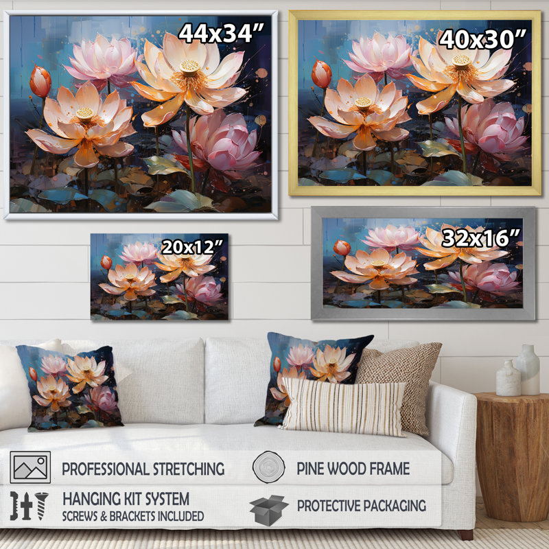 Fleurs de lotus de la pureté I - impressions sur toile de lotus, Cadre flottant doré, H 30 po x l 40 po x P 1,5 po