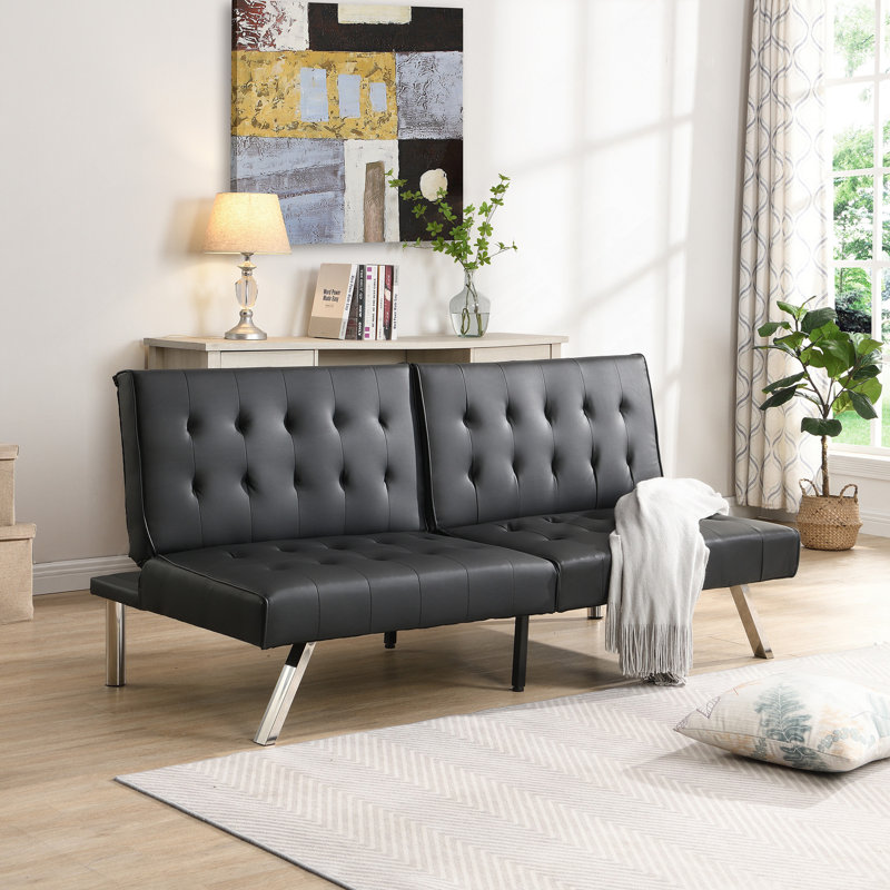 Structure en bois, pieds en acier inoxydable, futon, canapé en PVC noir