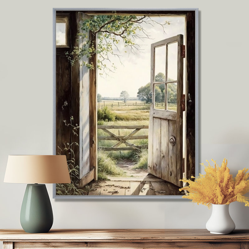 «View From A Cottage Country Door II - Farm Landscape», art mural, H 20 po x l 12 po, Encadrement argenté
