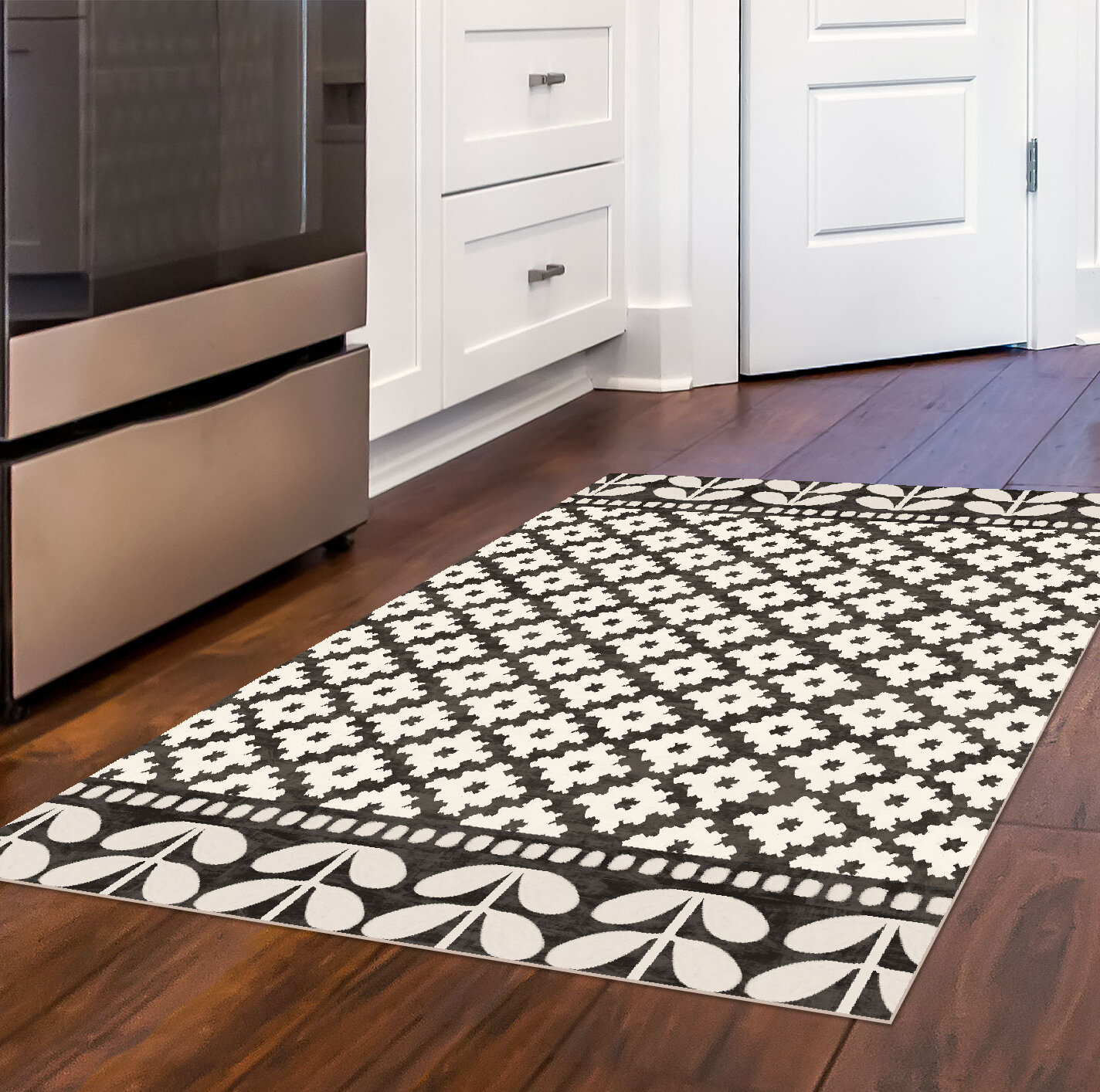 Red Black White Geometric Patterns Kitchen Rugs and Mats Set of 2