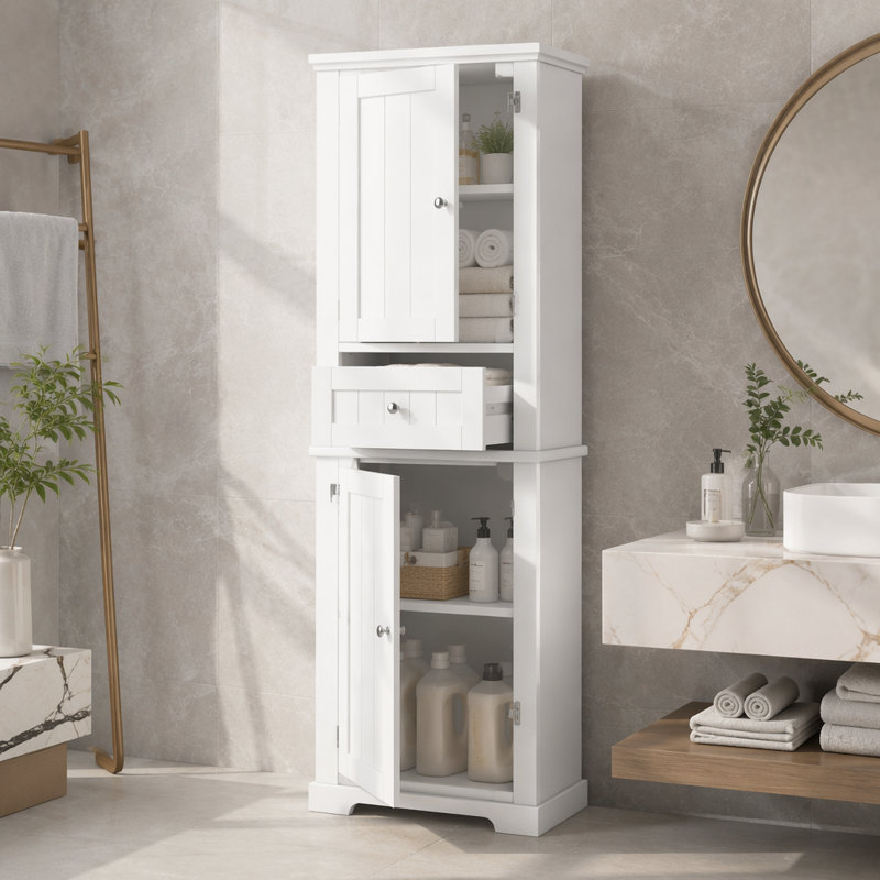 Grande armoire de rangement pour salle de bain, armoire de rangement autoportante avec tiroir et tablette réglable, panneau de fibres à densité moyenne avec finition peinte