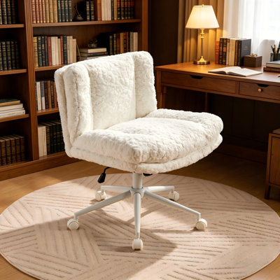 Wider Seat Office Chair with Plush Faux Alpaca Fabric Double Cushion Adjustable Swivel Vanity Chair for Home Office Bedroom(Cream)