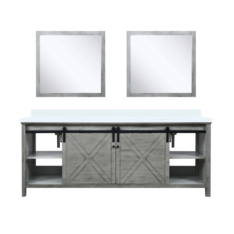 Meuble-lavabo double gris cendre 85,53 po W - Plateau en marbre de culture, 34 miroirs, et comptoir intérieur spacieux 84, deux armoires