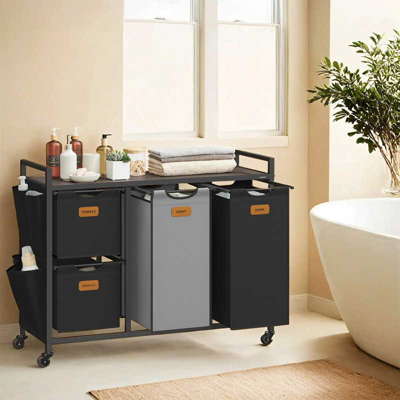 Laundry Hamper With 4 Compartments, 39.6 Gal. (150 L) Laundry Sorter, Rolling Laundry Cart With Shelves, Small Side Pockets, 6 Labels, Chestnut Brown