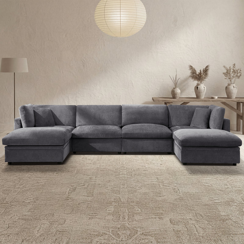 Canapé modulaire surdimensionné rembourré de duvet avec repose-pieds, H 34,6 po x l 154,3 po x P 66,9 po, Gris clair
